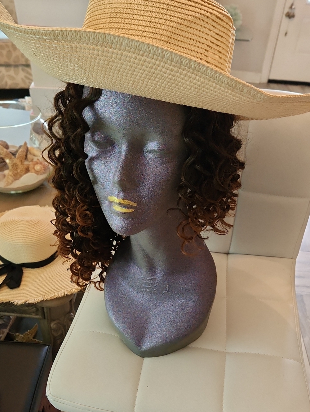 Straw Sun Hat with Gold Chain Link Band. Beige